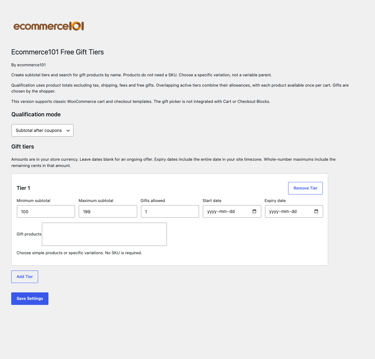 Free Gift Tiers settings with Ecommerce101 branding, qualification mode and an example tier
